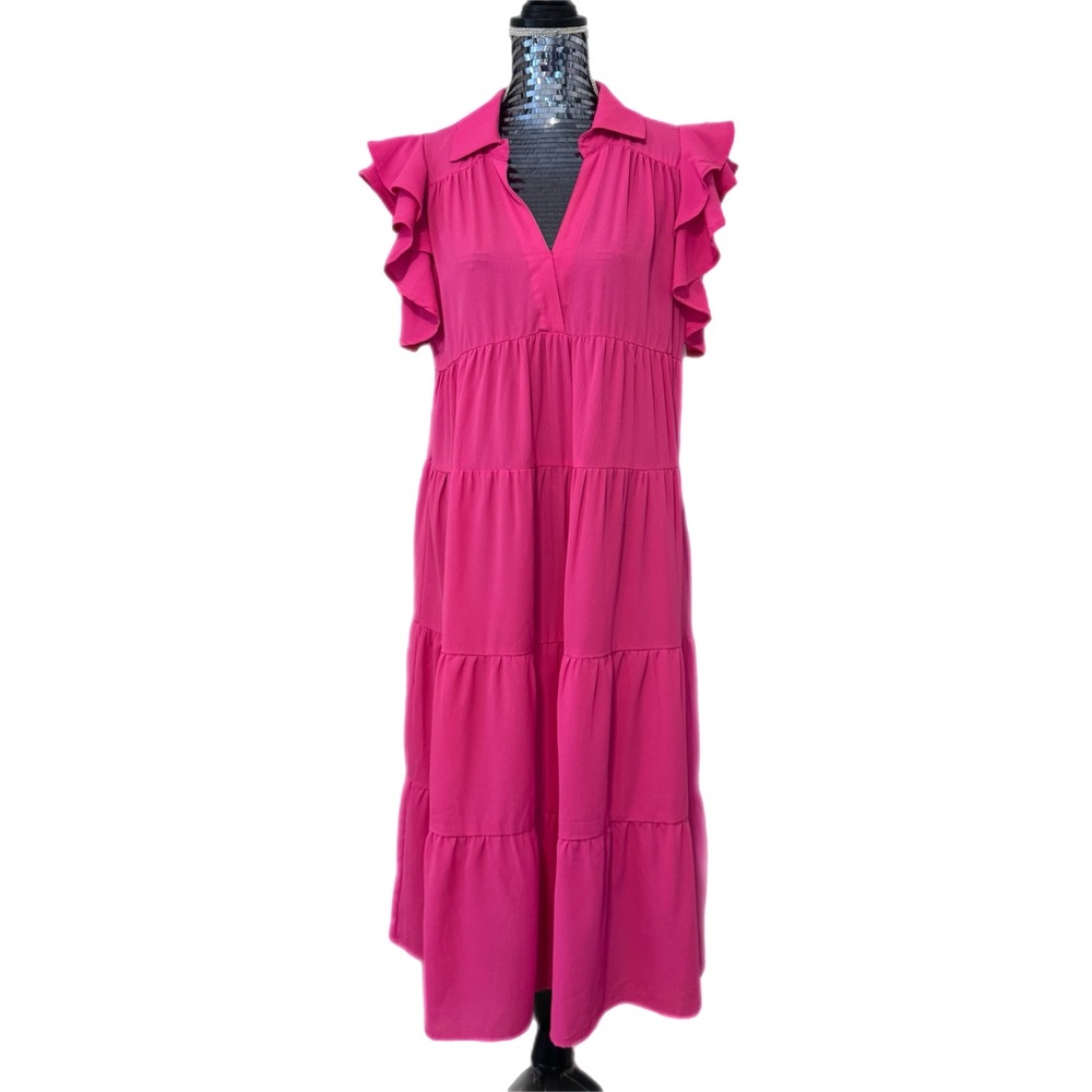 Umgee Hot Pink A-Line Tiered Ruffle Sleeve Split Neck Midi Dress Flowy Sz MED